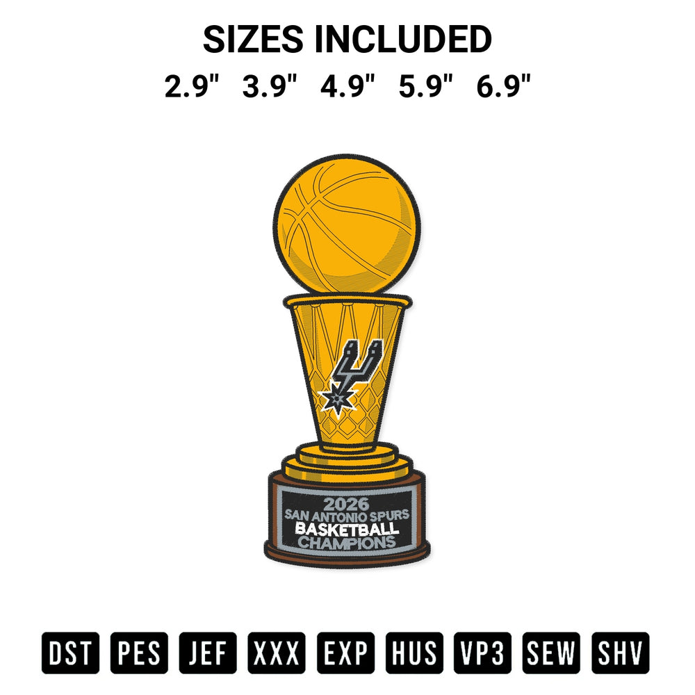 Transform your fabrics with the 2026 San Antonio Spurs Basketball Champions Trophy Embroidery Design embroidery design. Instant access to premium digitized patterns at Designspacks.com. Available sizes: 2.9", 3.9", 4.9", 5.9", 6.9".