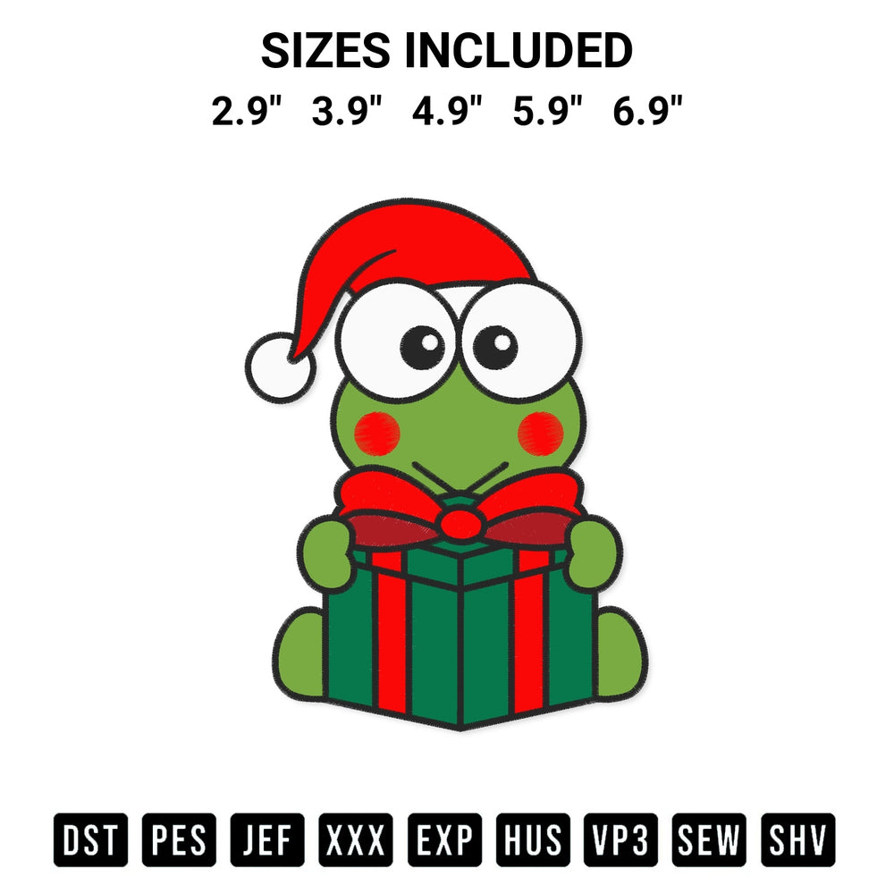 Download the Keroppi With Christmas Gift Embroidery Design machine embroidery design exclusively at Designspacks.com. Premium digitized pattern for apparel and DIY crafts. Available sizes: 2.9", 3.9", 4.9", 5.9", 6.9".