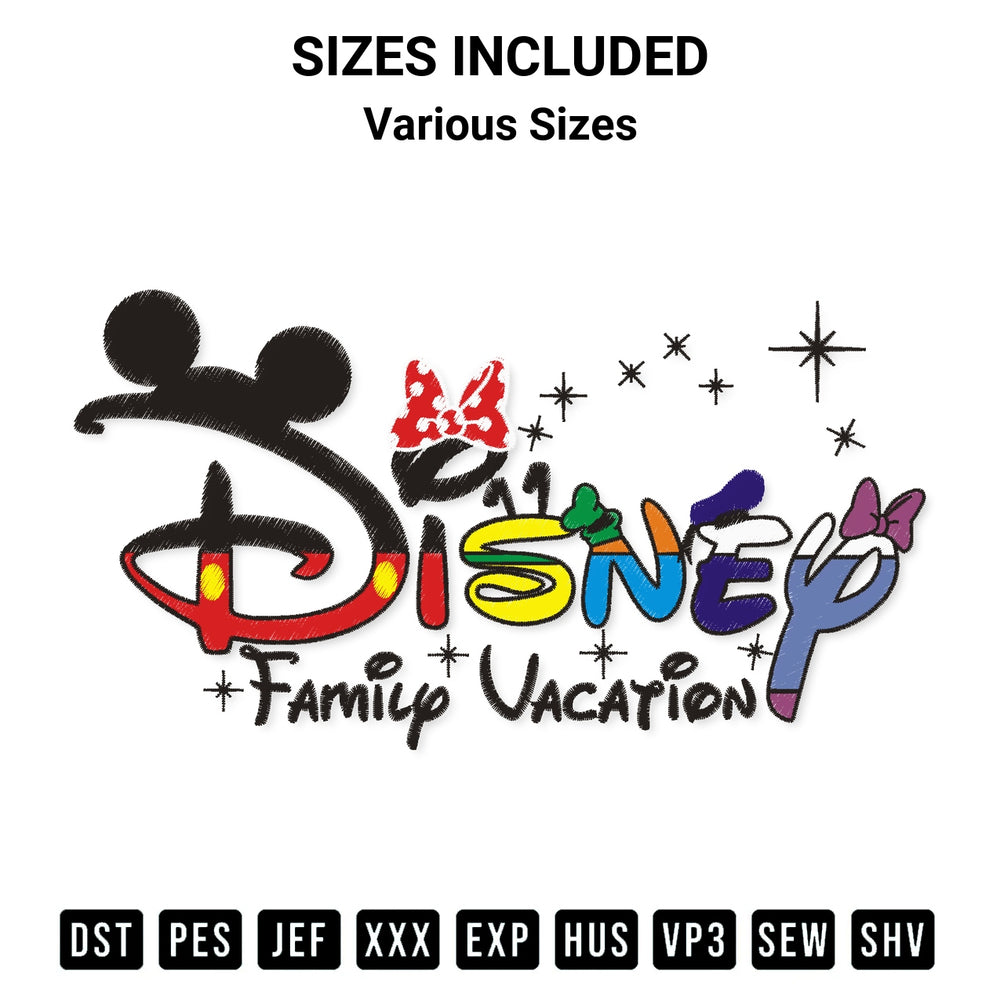 Create amazing crafts with the Disney Family Vacation Embroidery Design embroidery file. High-quality digital download from Designspacks.com, perfect for beginners and pros. Available sizes: Various Sizes.