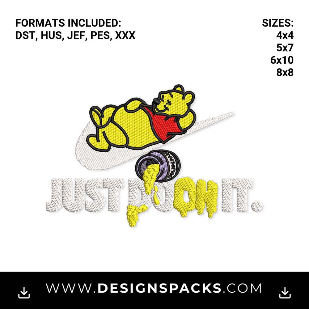 Just Pooh It Honey Bear Swoosh Embroidery Design - Instant digital download pattern at Designspacks.com