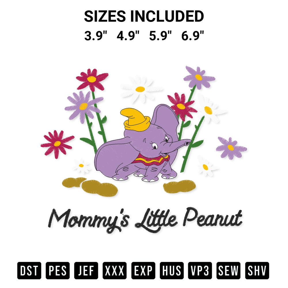 Download the Mommys Little Peanut Flower Embroidery Design machine embroidery design exclusively at Designspacks.com. Premium digitized pattern for apparel and DIY crafts. Available sizes: 3.9", 4.9", 5.9", 6.9".