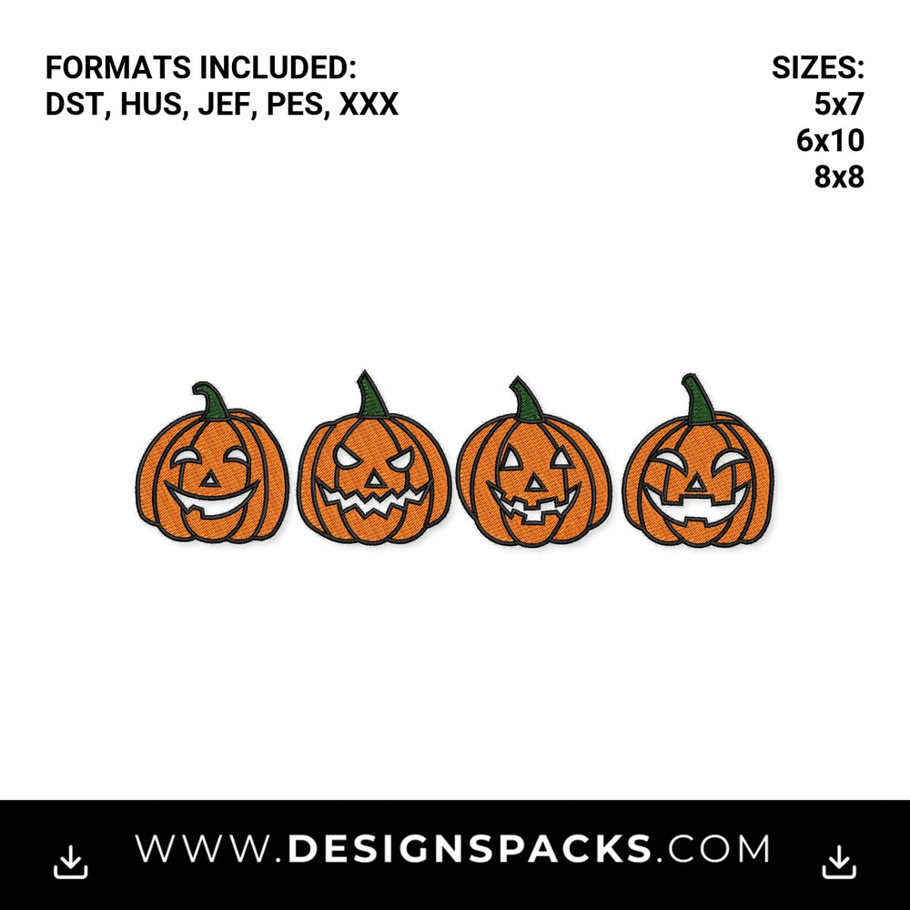 Halloween Jack-O-Lantern Pumpkins Row Embroidery Design - Instant digital download pattern at Designspacks.com