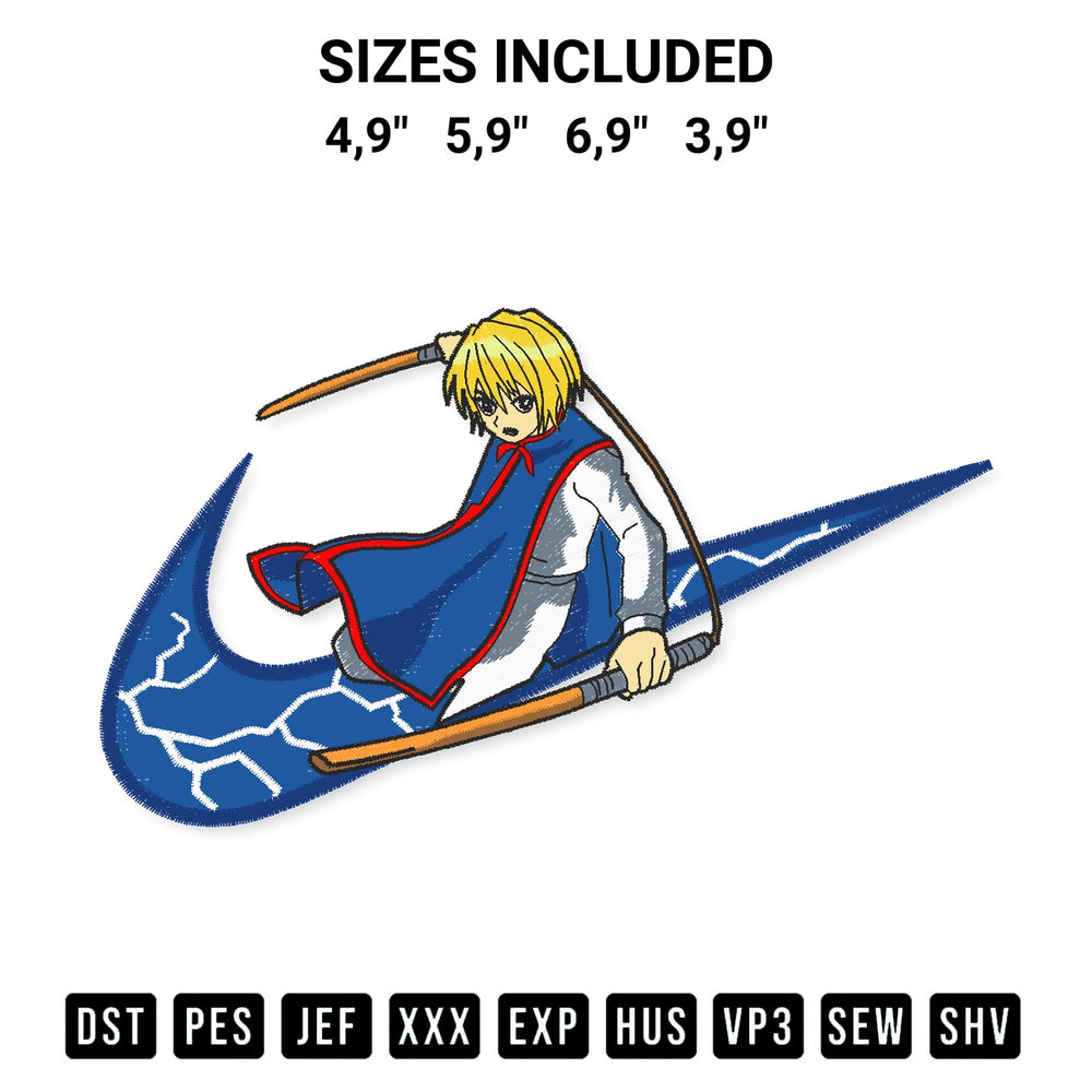 Stitch like a pro with the Nike Kurapika Hunter Anime Logo Embroidery Design embroidery pattern from Designspacks.com. High-quality digital machine embroidery file. Available sizes: 4,9", 5,9", 6,9", 3,9".
