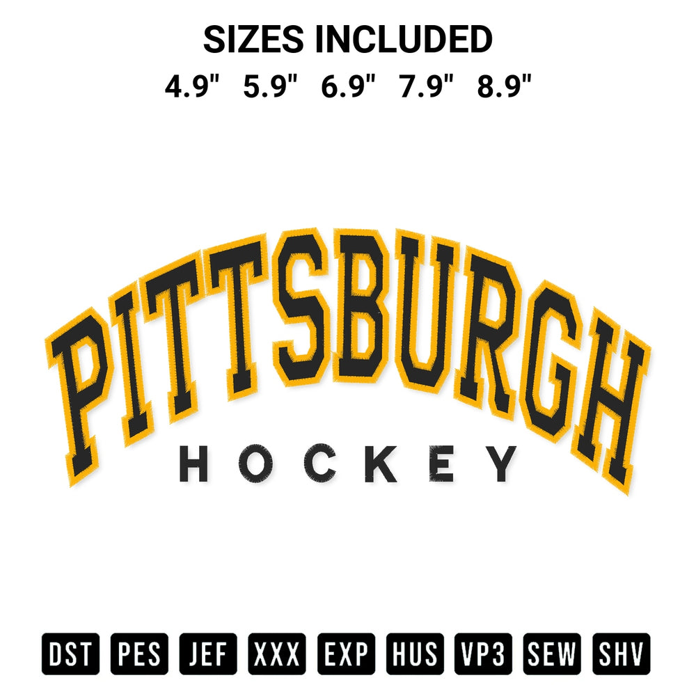 Transform your fabrics with the Pittsburgh Hockey Embroidery Design embroidery design. Instant access to premium digitized patterns at Designspacks.com. Available sizes: 4.9", 5.9", 6.9", 7.9", 8.9".