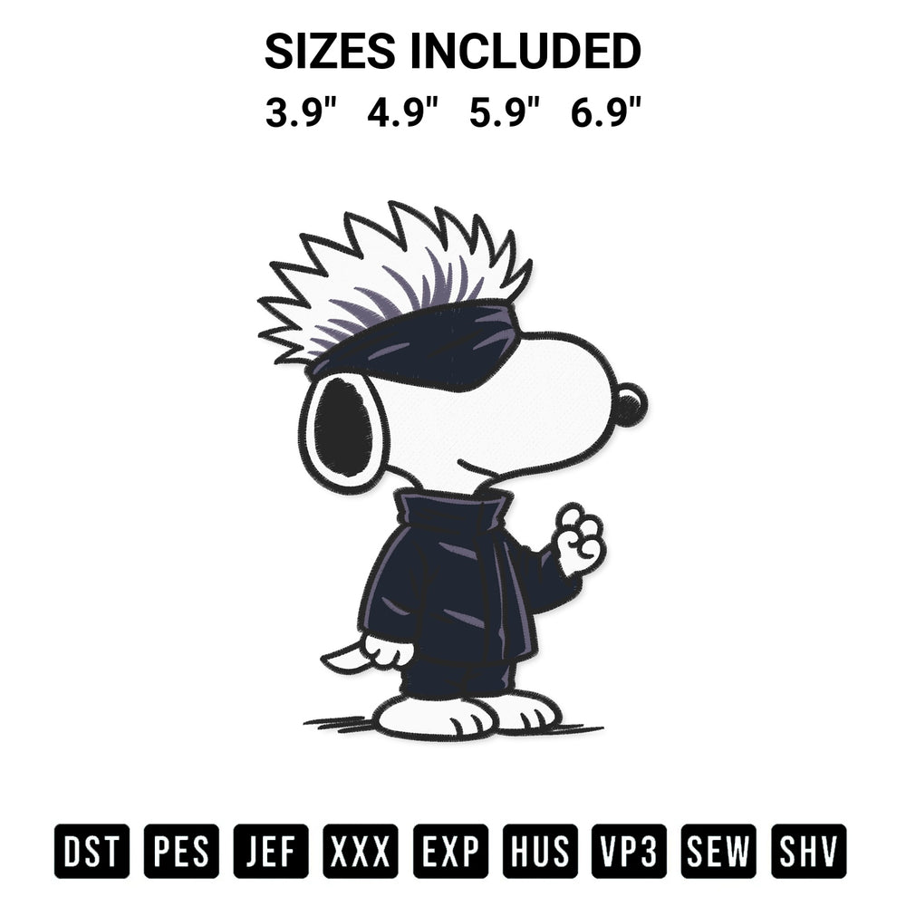 Discover the perfect addition to your crafting collection: Snoopy Satoru Gojo Embroidery Design embroidery file. Instantly available at Designspacks.com. Available sizes: 3.9", 4.9", 5.9", 6.9".
