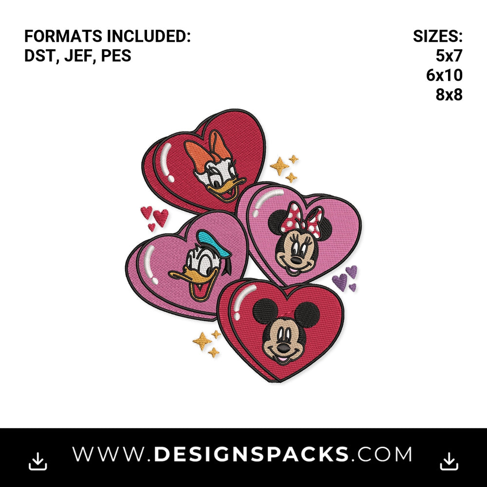 Mickey & Friends Valentine Hearts Embroidery Design - Instant digital download pattern at Designspacks.com