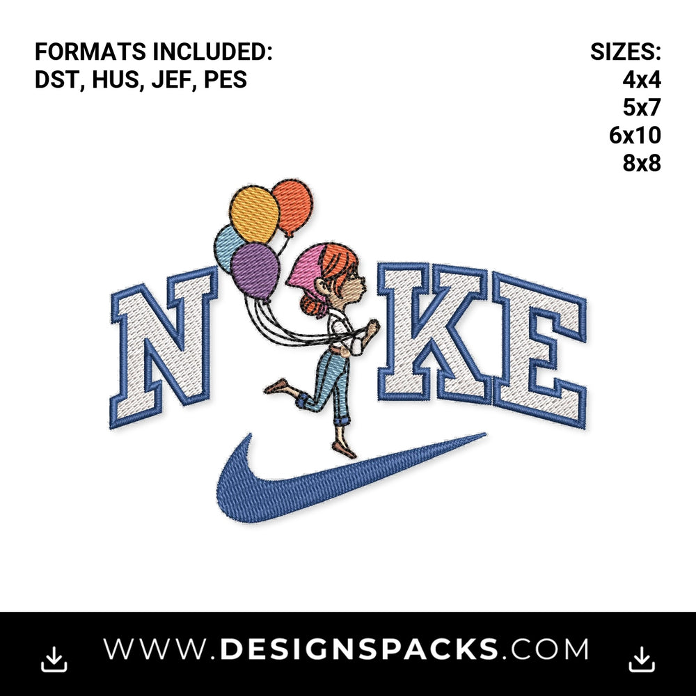 Young Ellie Up Balloons Athletic Swoosh Embroidery Design - Instant digital download pattern at Designspacks.com