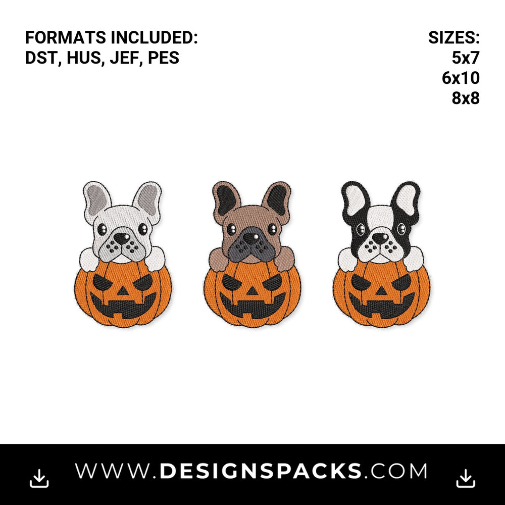 Halloween French Bulldog in Pumpkin Embroidery Design - Instant digital download pattern at Designspacks.com