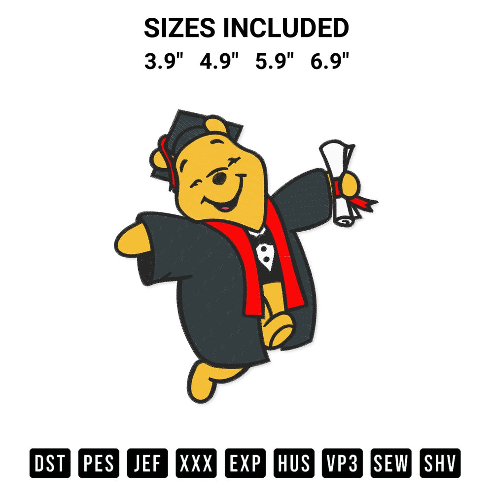 Shop the Graduation Winnie Pooh Embroidery Design machine embroidery pattern at Designspacks.com. Beautifully digitized for flawless stitching on any fabric. Available sizes: 3.9", 4.9", 5.9", 6.9".