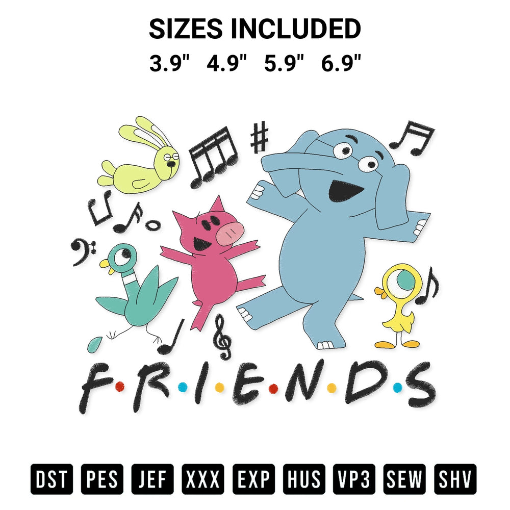 Stitch like a pro with the Elephant And Piggie Kindergarten Friends Embroidery Design embroidery pattern from Designspacks.com. High-quality digital machine embroidery file. Available sizes: 3.9", 4.9", 5.9", 6.9".