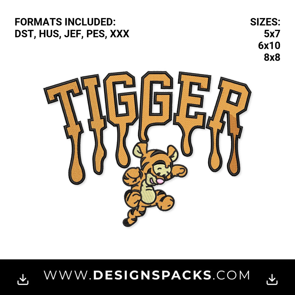 Dripping Tigger Varsity Letters Embroidery Design - Instant digital download pattern at Designspacks.com