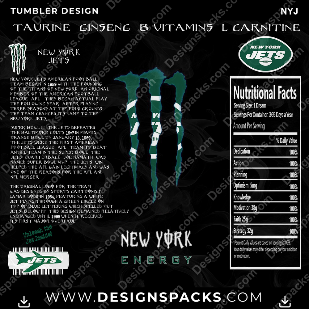 Football MONSTER ENERGY NYJ NFL Football Tumbler Digital Wrap Design Download