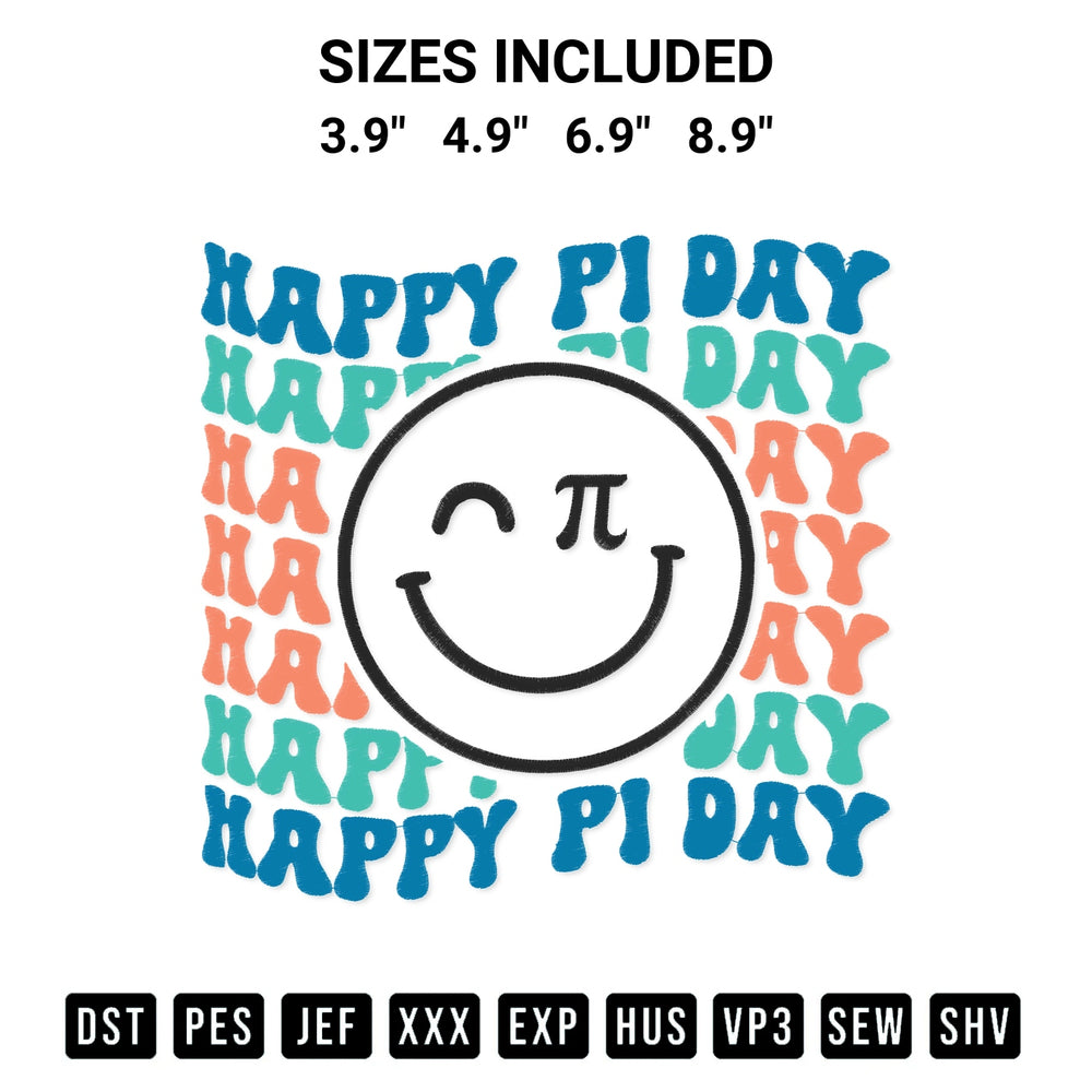 Get the Happy Pi Day Smiley Face Embroidery Design embroidery design for your custom crafts! Premium digitized files available for instant download at Designspacks.com. Available sizes: 3.9", 4.9", 6.9", 8.9".