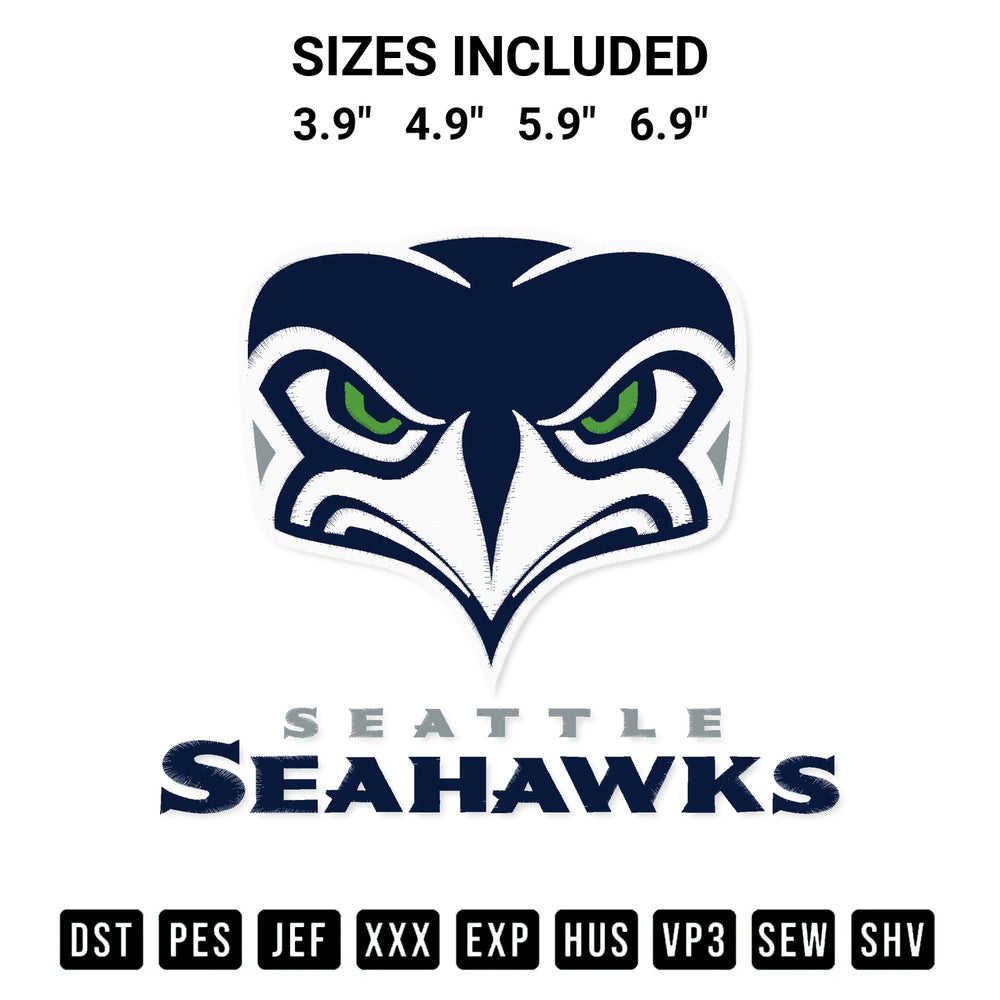 Elevate your next project with our Seattle Seahawks Eagle Head Embroidery Design embroidery file. Shop high-quality digital patterns instantly at Designspacks.com. Available sizes: 3.9", 4.9", 5.9", 6.9".