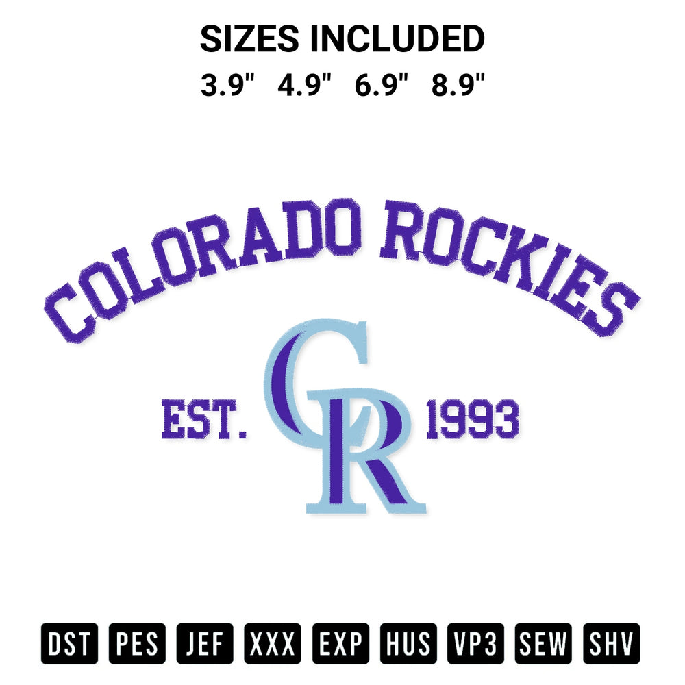 Discover the perfect addition to your crafting collection: Colorado Rockies Est 1993 Embroidery Design embroidery file. Instantly available at Designspacks.com. Available sizes: 3.9", 4.9", 6.9", 8.9".