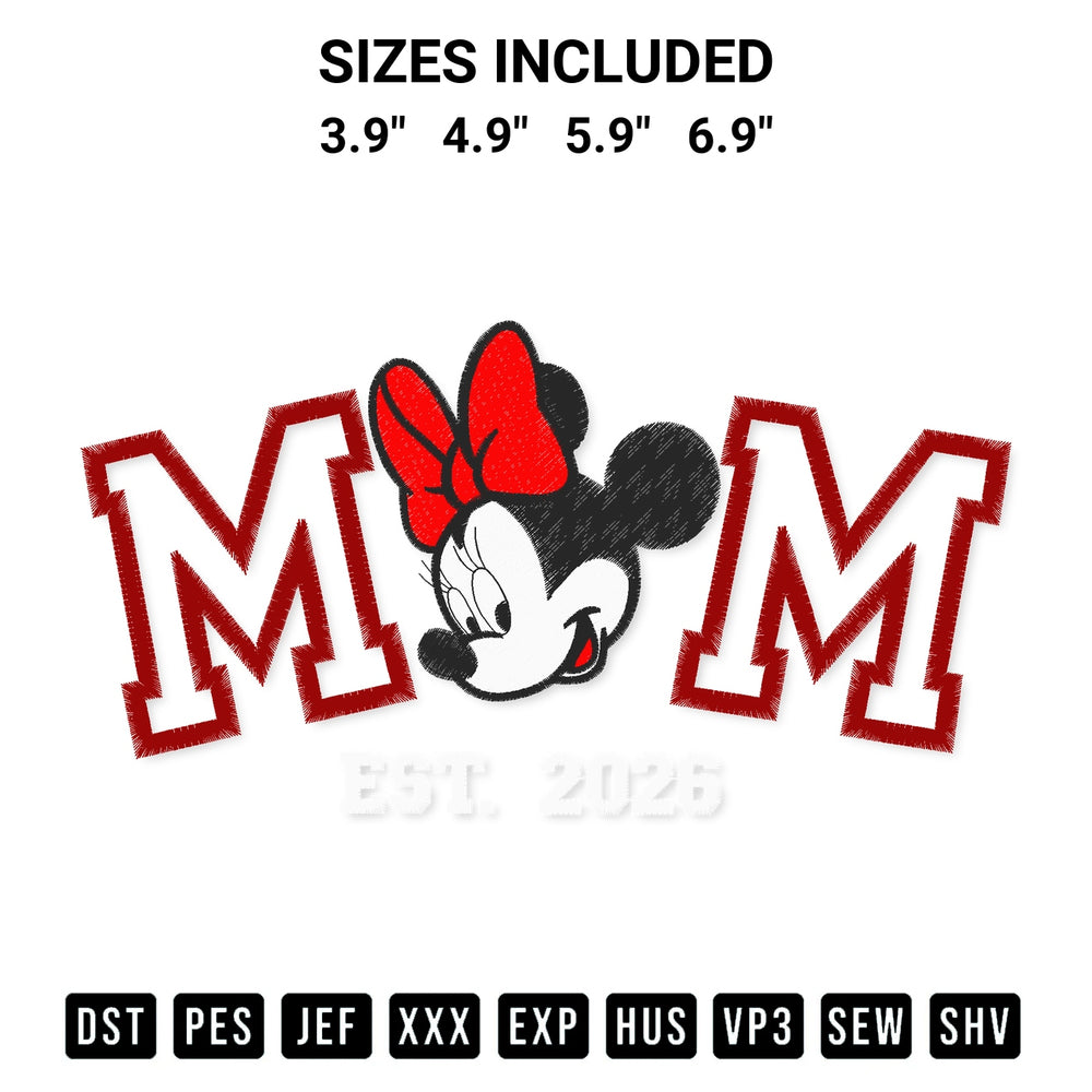 Shop the Disney Mom Minnie Mouse Est 2026 Embroidery Design machine embroidery pattern at Designspacks.com. Beautifully digitized for flawless stitching on any fabric. Available sizes: 3.9", 4.9", 5.9", 6.9".