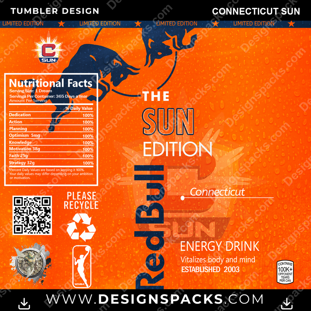 Basketball Red Bull Connecticut Sun Tumbler Digital Wrap Design