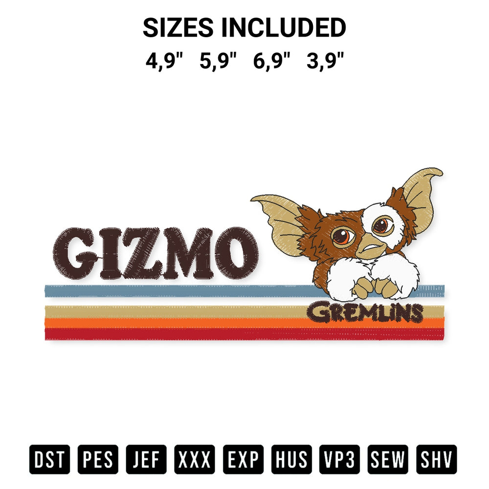 Elevate your next project with our Gizmo Gremlins Retro Stripes Vintage Gizmo Gremlins Monster 80S Logo Embroidery Design embroidery file. Shop high-quality digital patterns instantly at Designspacks.com. Available sizes: 4,9", 5,9", 6,9", 3,9".