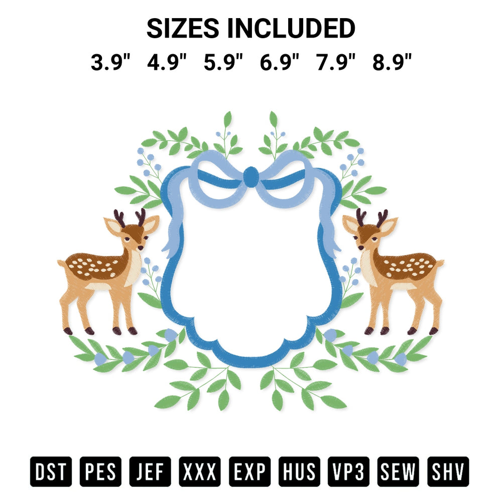 Download the Banner Frame Deer Ribbon Embroidery Design machine embroidery design exclusively at Designspacks.com. Premium digitized pattern for apparel and DIY crafts. Available sizes: 3.9", 4.9", 5.9", 6.9", 7.9", 8.9".