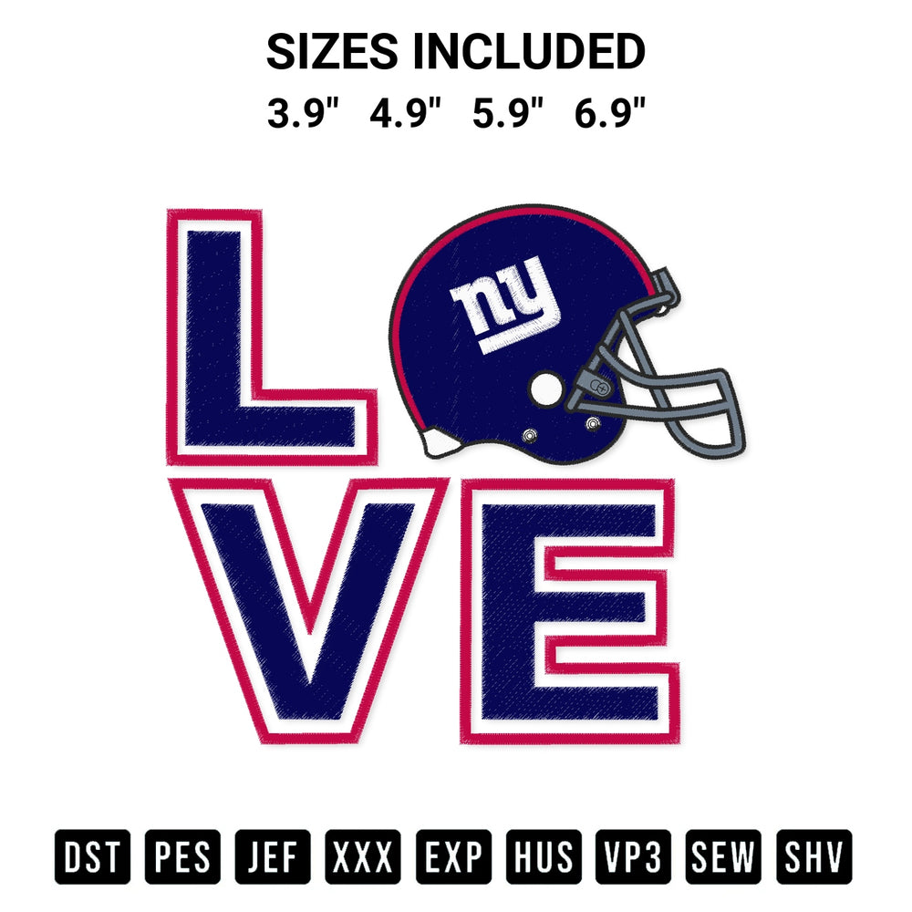 Discover the perfect addition to your crafting collection: New York Giants Love Embroidery Design embroidery file. Instantly available at Designspacks.com. Available sizes: 3.9", 4.9", 5.9", 6.9".
