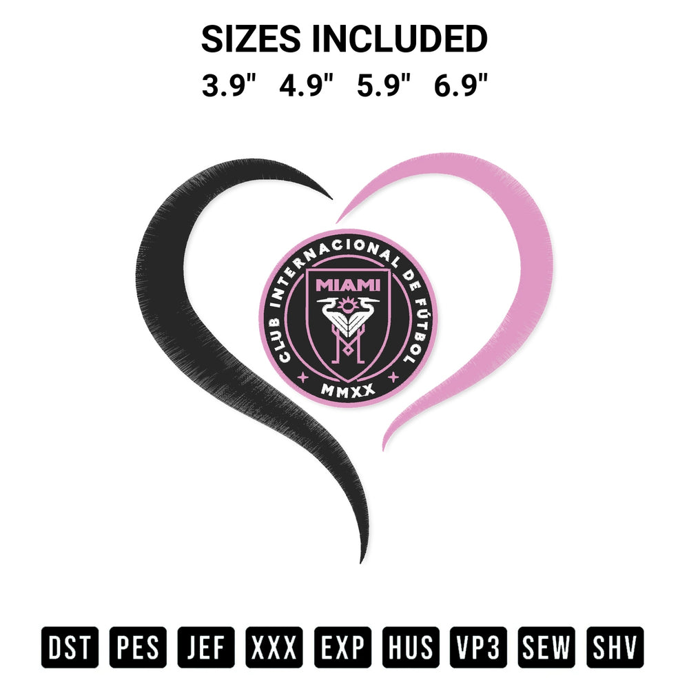 Shop the Heart Inter Miami Fc Embroidery Design machine embroidery pattern at Designspacks.com. Beautifully digitized for flawless stitching on any fabric. Available sizes: 3.9", 4.9", 5.9", 6.9".
