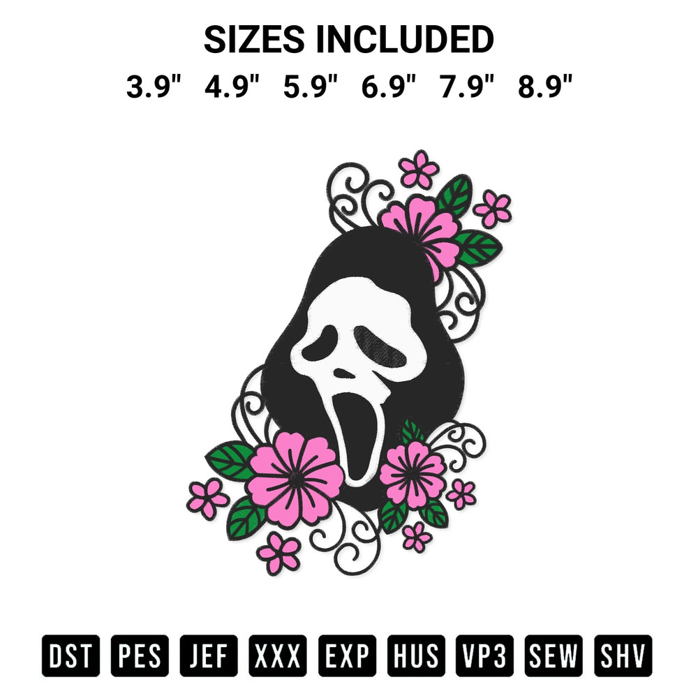 Elevate your next project with our Ghostface Floral Halloween Embroidery Design embroidery file. Shop high-quality digital patterns instantly at Designspacks.com. Available sizes: 3.9", 4.9", 5.9", 6.9", 7.9", 8.9".