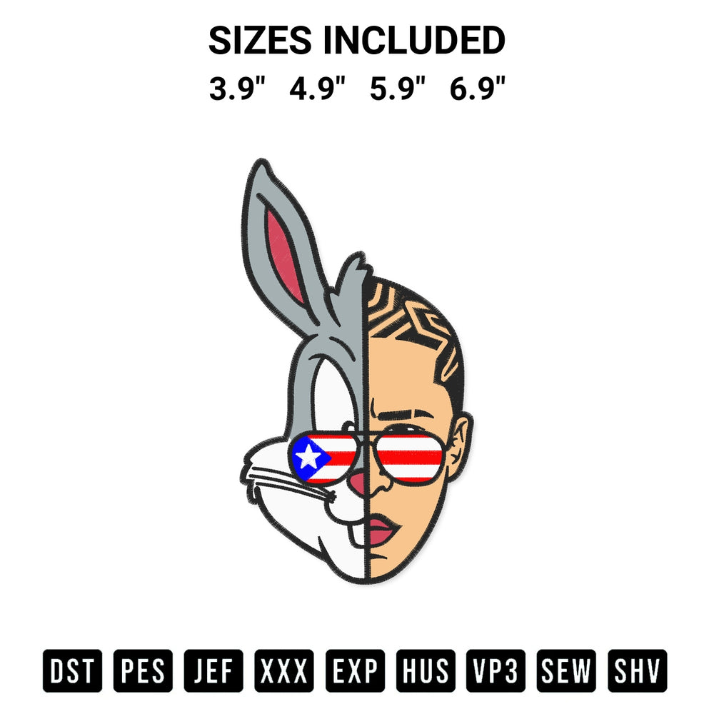 Download the Bad Bunny Face Embroidery Design machine embroidery design exclusively at Designspacks.com. Premium digitized pattern for apparel and DIY crafts. Available sizes: 3.9", 4.9", 5.9", 6.9".