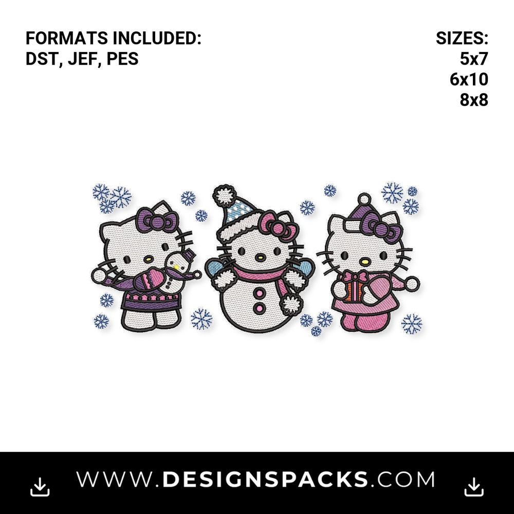 Winter Hello Kitty Snowman Trio Embroidery Design - Instant digital download pattern at Designspacks.com
