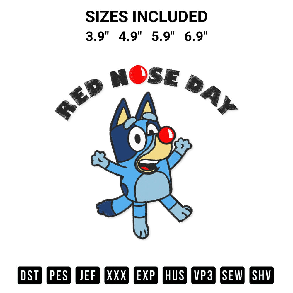 Download the Bluey Red Nose Day Bluey And Bingo Embroidery Design machine embroidery design exclusively at Designspacks.com. Premium digitized pattern for apparel and DIY crafts. Available sizes: 3.9", 4.9", 5.9", 6.9".