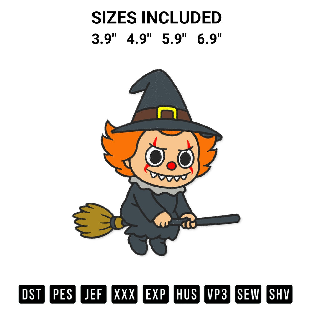 Download the Labubu Pennywise Witch On Broomstick Embroidery Design machine embroidery design exclusively at Designspacks.com. Premium digitized pattern for apparel and DIY crafts. Available sizes: 3.9", 4.9", 5.9", 6.9".