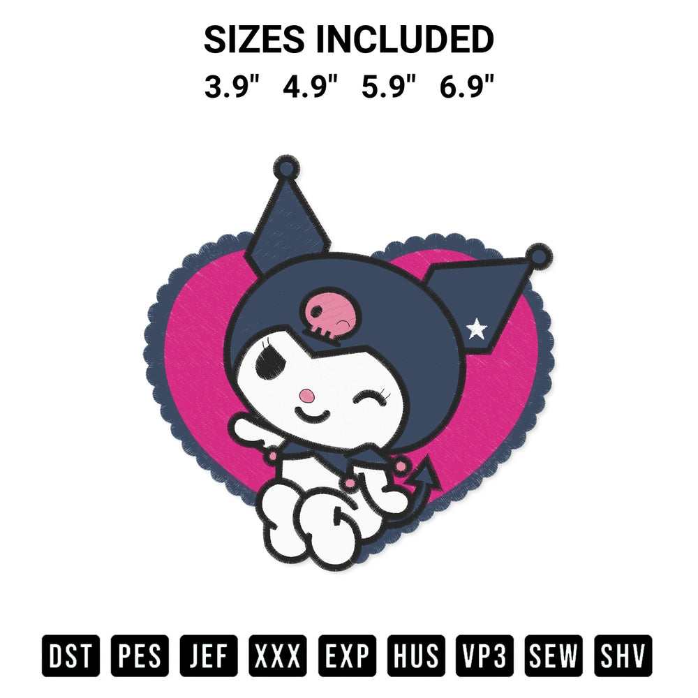 Stitch like a pro with the Kuromi Heart Cute Embroidery Design embroidery pattern from Designspacks.com. High-quality digital machine embroidery file. Available sizes: 3.9", 4.9", 5.9", 6.9".