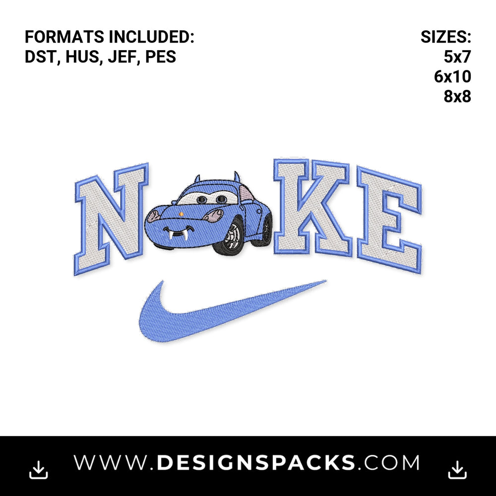 Blue Cartoon Car Nike Swoosh Logo Embroidery Design - Instant digital download pattern at Designspacks.com