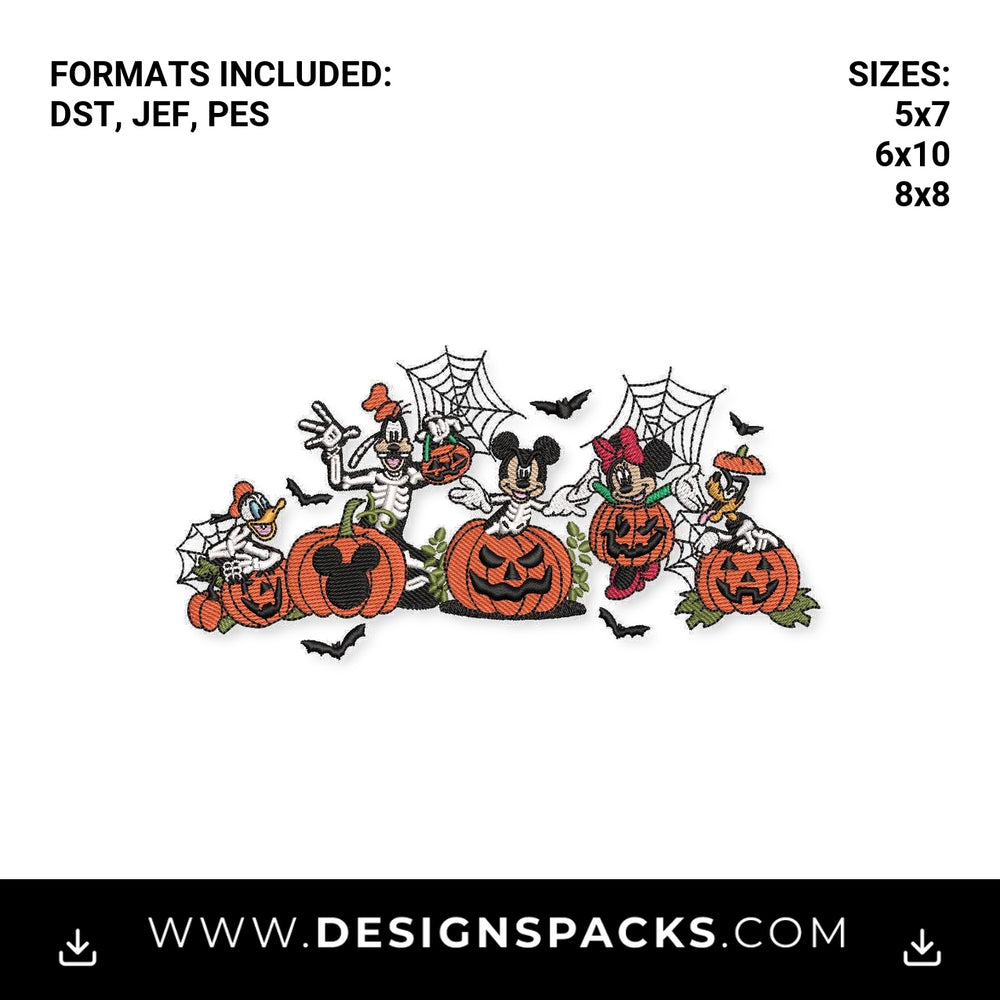 Mickey & Friends Halloween Pumpkins Embroidery Design - Instant digital download pattern at Designspacks.com