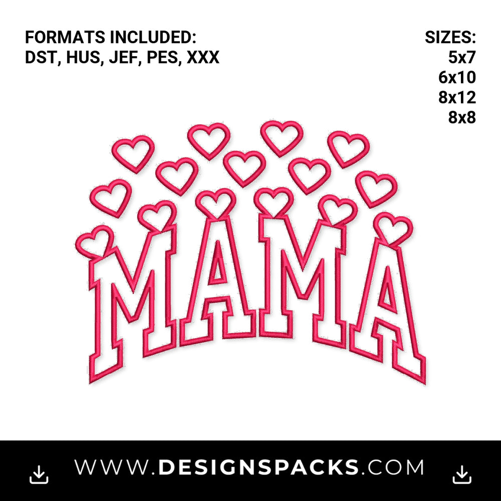 Varsity Mama with Hearts Applique Embroidery Design - Instant digital download pattern at Designspacks.com