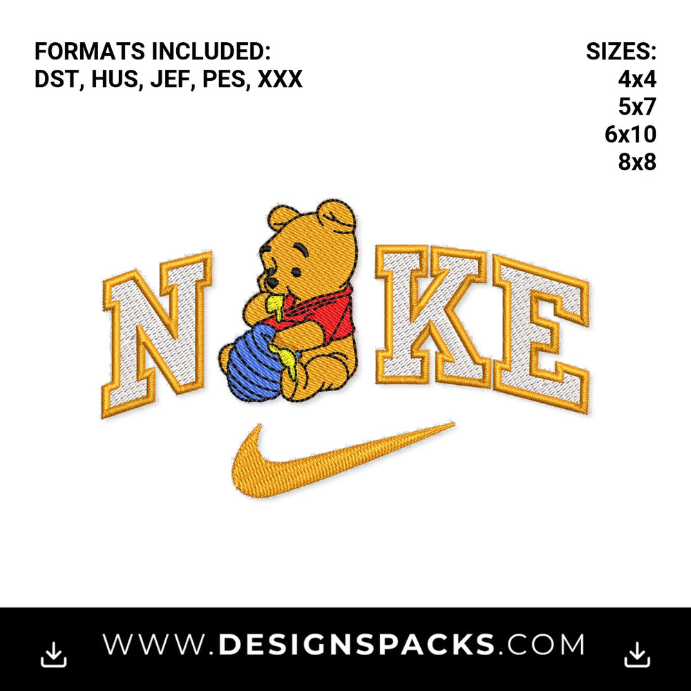 Winnie the Pooh Nike Swoosh Embroidery Design - Instant digital download pattern at Designspacks.com