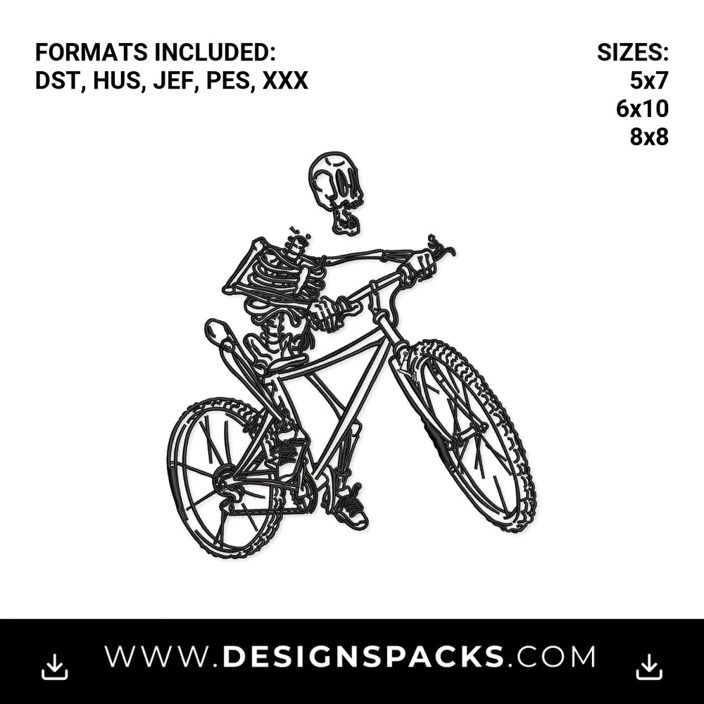 Skeleton Riding Mountain Bike Embroidery Design - Instant digital download pattern at Designspacks.com