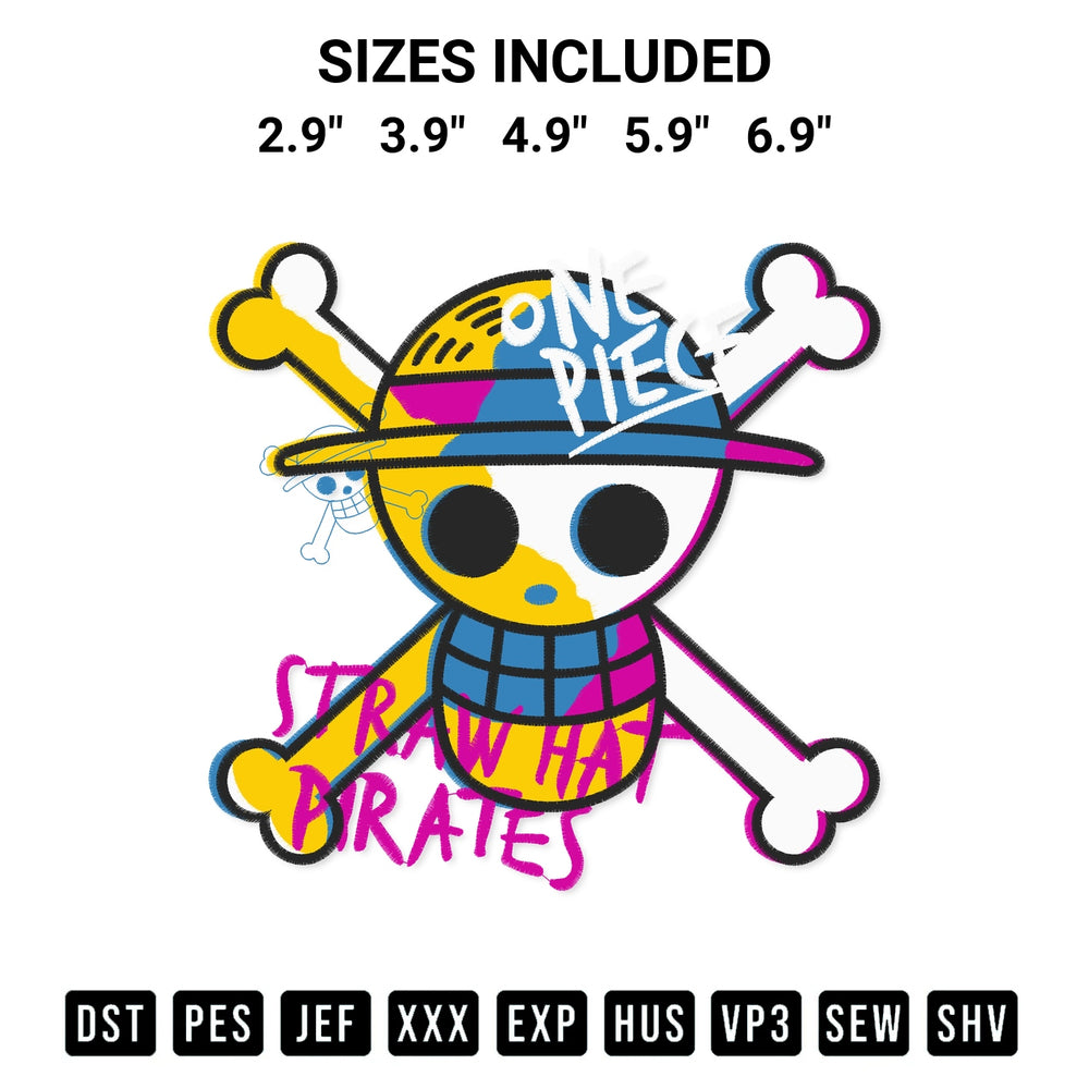 Transform your fabrics with the One Piece Straw Hat Pirates Embroidery Design embroidery design. Instant access to premium digitized patterns at Designspacks.com. Available sizes: 2.9", 3.9", 4.9", 5.9", 6.9".