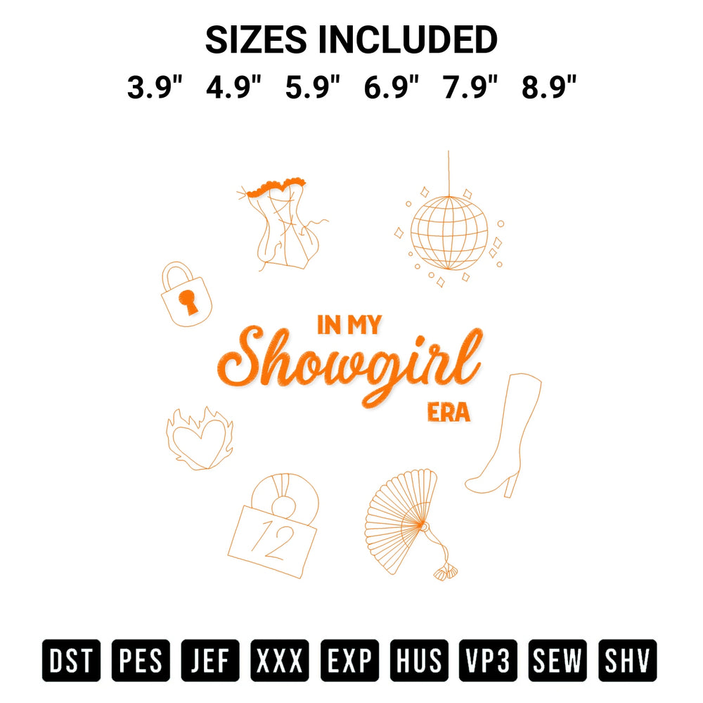 Transform your fabrics with the In My Showgirl Era Retro Embroidery Design embroidery design. Instant access to premium digitized patterns at Designspacks.com. Available sizes: 3.9", 4.9", 5.9", 6.9", 7.9", 8.9".