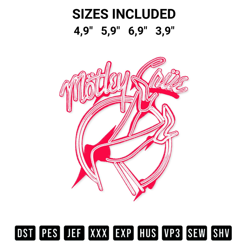 Add a unique touch to your apparel with the Motley Crue Logo Embroidery Design embroidery file. Premium instant download available now on Designspacks.com. Available sizes: 4,9", 5,9", 6,9", 3,9".