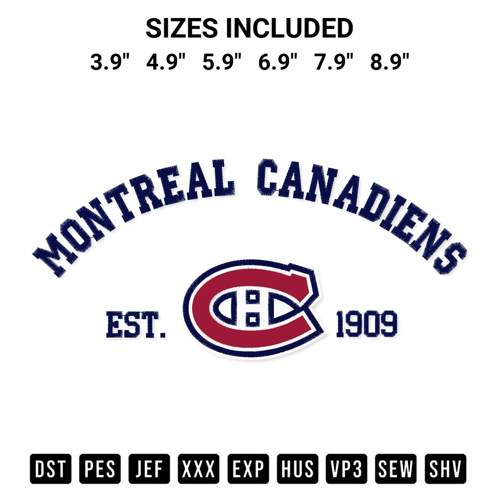 Create amazing crafts with the Montreal Canadiens Est 1909 Embroidery Design embroidery file. High-quality digital download from Designspacks.com, perfect for beginners and pros. Available sizes: 3.9", 4.9", 5.9", 6.9", 7.9", 8.9".