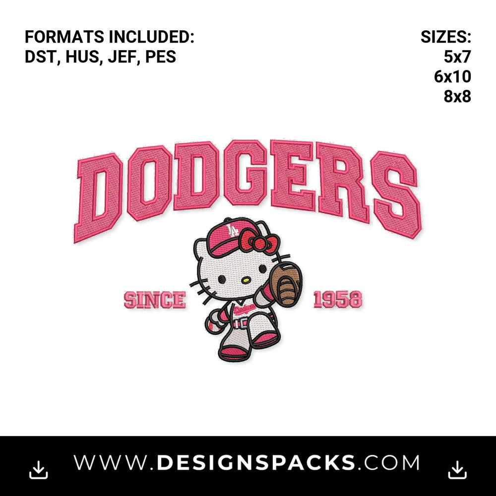 LA Dodgers Pink Hello Kitty Baseball Embroidery Design - Instant digital download pattern at Designspacks.com