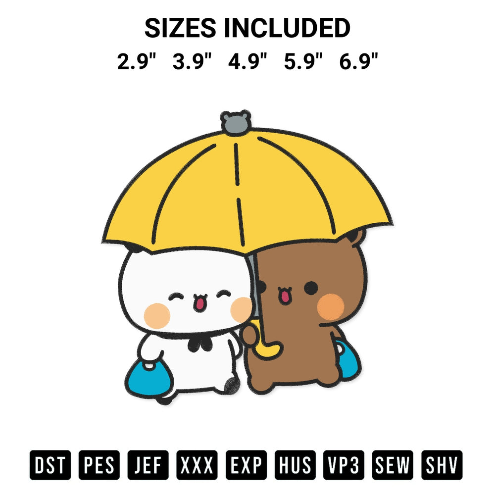 Get the Dudu And Bubu Umbrella Embroidery Design embroidery design for your custom crafts! Premium digitized files available for instant download at Designspacks.com. Available sizes: 2.9", 3.9", 4.9", 5.9", 6.9".