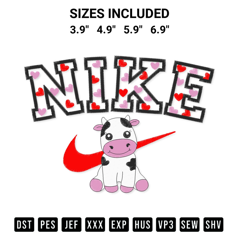 Shop the Nike Dairy Cow Embroidery Design machine embroidery pattern at Designspacks.com. Beautifully digitized for flawless stitching on any fabric. Available sizes: 3.9", 4.9", 5.9", 6.9".