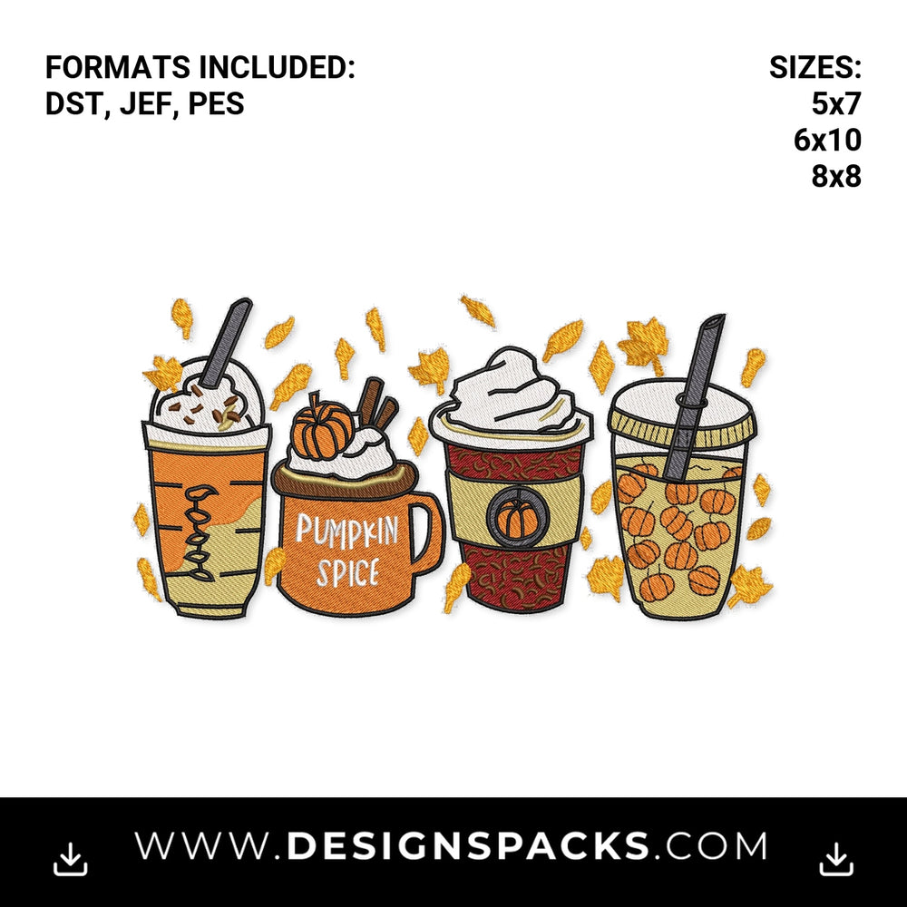 Fall Pumpkin Spice Coffee Drinks Embroidery Design - Instant digital download pattern at Designspacks.com