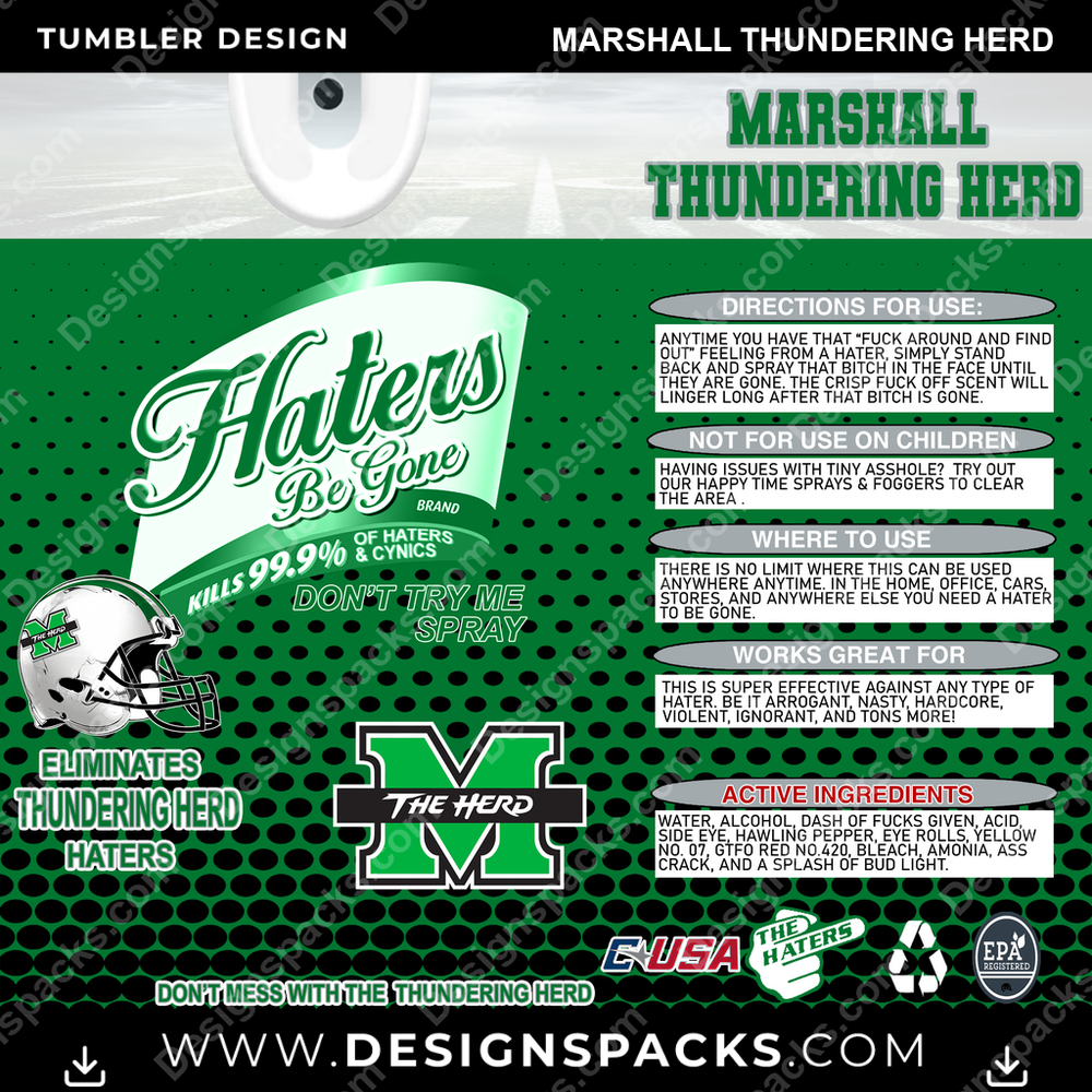 College Sport Haters Be Gone Marshall Thundering Herd Tumbler Digital Wrap Design