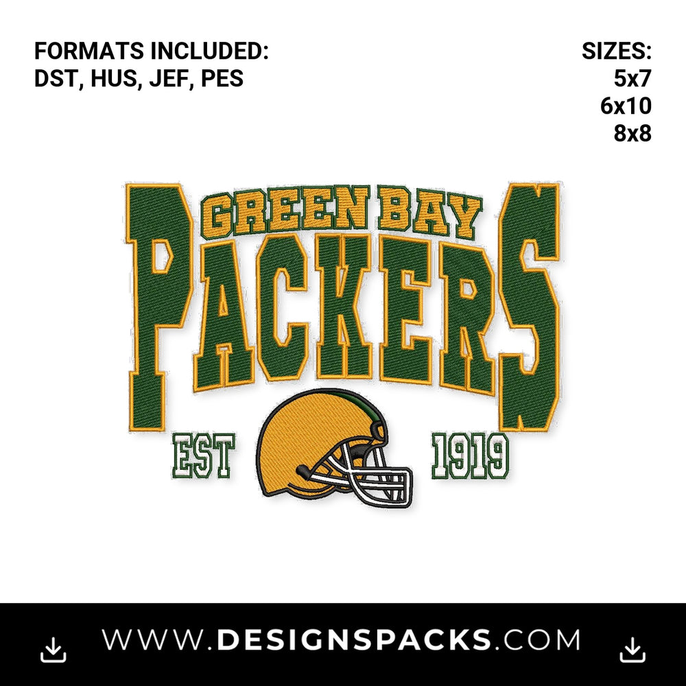 Green Bay Packers Football Helmet Est 1919 Embroidery Design - Instant digital download pattern at Designspacks.com