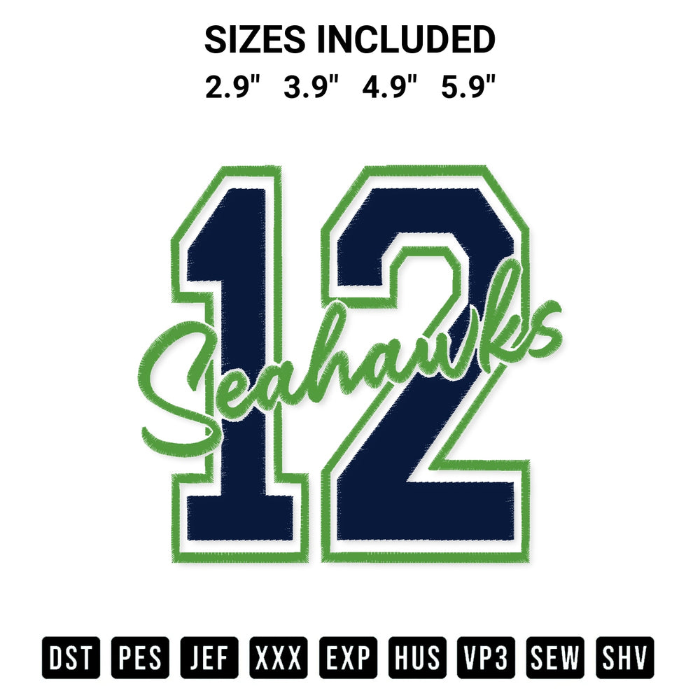 Transform your fabrics with the Seahawks 12 Embroidery Design embroidery design. Instant access to premium digitized patterns at Designspacks.com. Available sizes: 2.9", 3.9", 4.9", 5.9".