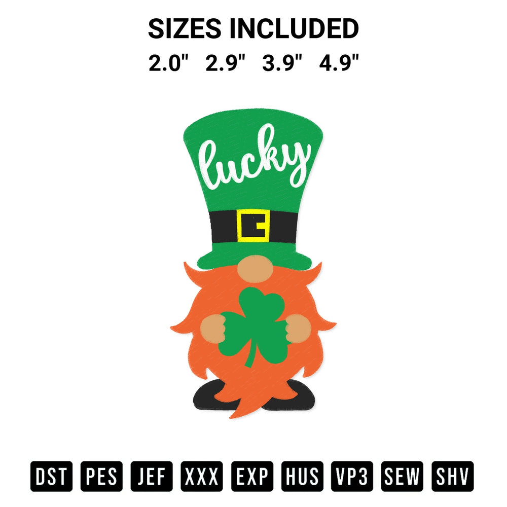 Discover the perfect addition to your crafting collection: St Patricks Day Shamrock Gnome Embroidery Design embroidery file. Instantly available at Designspacks.com. Available sizes: 2.0", 2.9", 3.9", 4.9".
