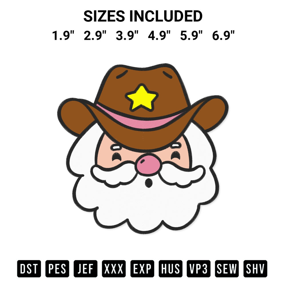 Download the Cowboy Christmas Santa Face Embroidery Design machine embroidery design exclusively at Designspacks.com. Premium digitized pattern for apparel and DIY crafts. Available sizes: 1.9", 2.9", 3.9", 4.9", 5.9", 6.9".