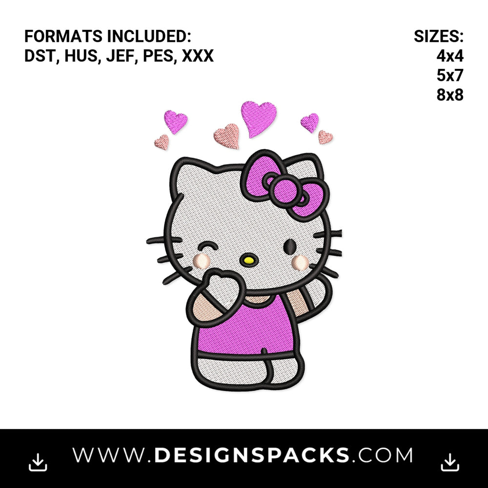 Hello Kitty Blowing Kiss with Hearts Embroidery Design - Instant digital download pattern at Designspacks.com